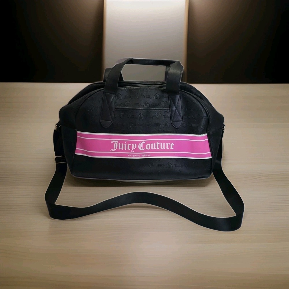 Juicy Couture‎ Black/Pink Embossed Logo Satchel Bag Gold Hardware Zipper Closure